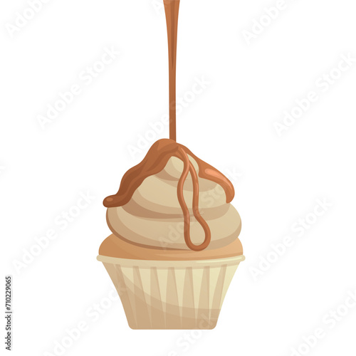 Cupcake decorated with whipped cream. Vanilla cake with dripping caramel. Bakery, sweet food, dessert, pastry concept. Vector illustration for poster, banner, cover, card, postcard, menu.