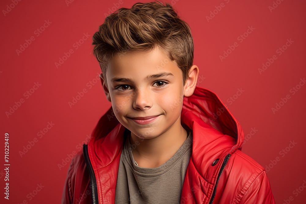 portrait of smiling boy in red jacket looking at camera on red background portrait of smiling boy in red jacket looking at camera on red background