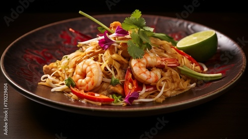 Close-up of Pad Thai noodles and shrimp, with a focus on the intricate details and textures, inviting the viewer to savor the dish.
