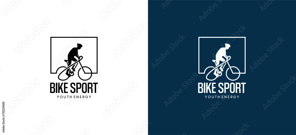 Bicycle sports logo design, silhouette of a person riding a bicycle with the concept of one line in a box