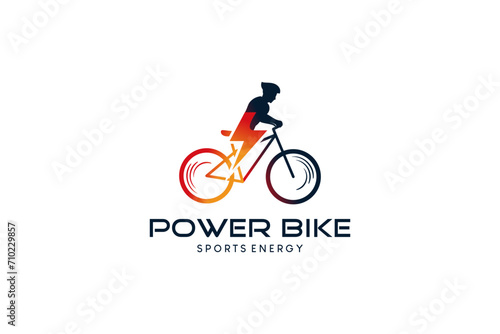 Power cycling logo design, logo of a person riding a bicycle with an electricity icon