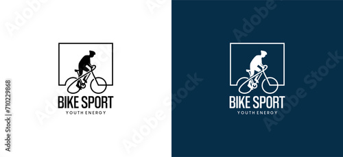 Bicycle sports logo design, silhouette of a person riding a bicycle with the concept of one line in a box