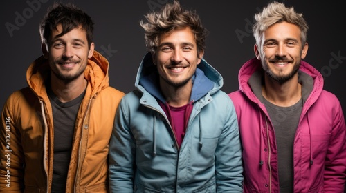 portrait of happy young caucasian rainbow hair gay men on gray background.