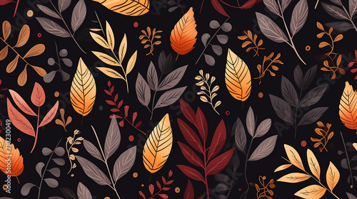 autumn seamless pattern with different leaves and plants  seasonal colors with acorns  autumn oak leaves in Orange  Beige  Brown and Yellow.