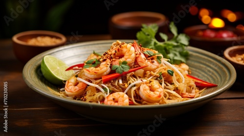 Close-up of Pad Thai noodles and shrimp on a textured background, highlighting the dish's intricate details and delicious components.