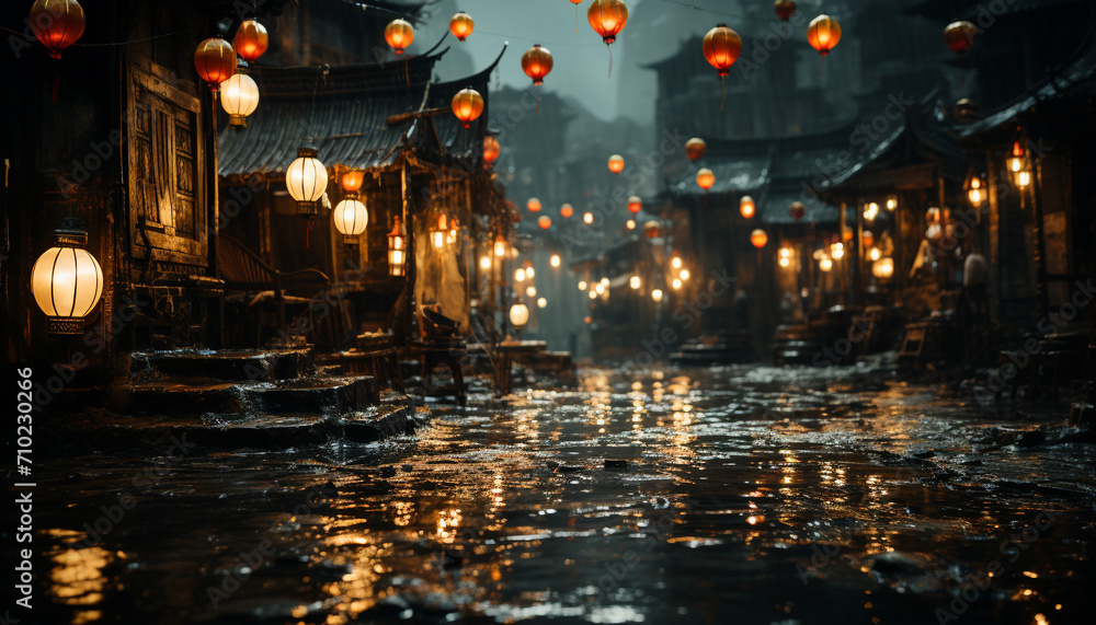 Night lanterns illuminate the wet city street, reflecting on the water generated by AI Night lanterns illuminate the wet city street, reflecting on the water generated by AI