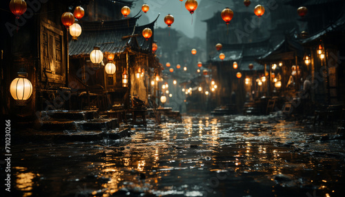 Night lanterns illuminate the wet city street  reflecting on the water generated by AI