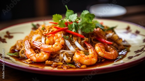 Close-up of Pad Thai noodles adorned with shrimp, bathed in a delectable sweet and savory sauce, capturing the dish's mouthwatering appeal.