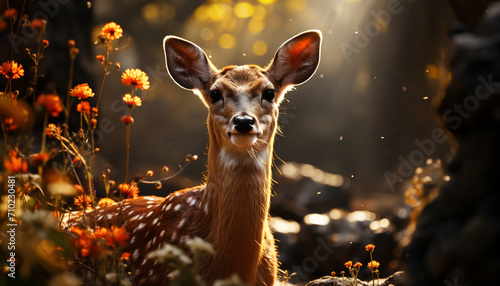 Cute deer in the forest, looking at camera generated by AI