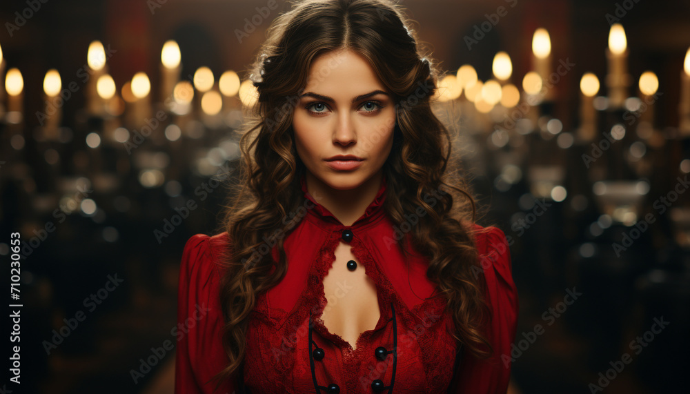 Young woman with brown hair looking at camera generated by AI Young woman with brown hair looking at camera generated by AI