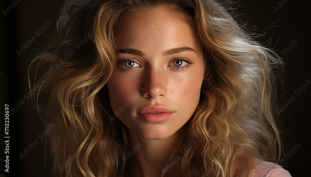 Fototapeta premium Beautiful young woman with long blond hair looking at camera generated by AI