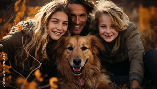 Smiling family enjoying nature with their playful dog generated by AI