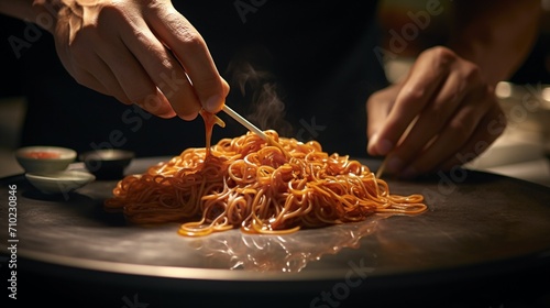 Close-up of a digital chef handcraftedly garnishing Mapo noodles with precision.