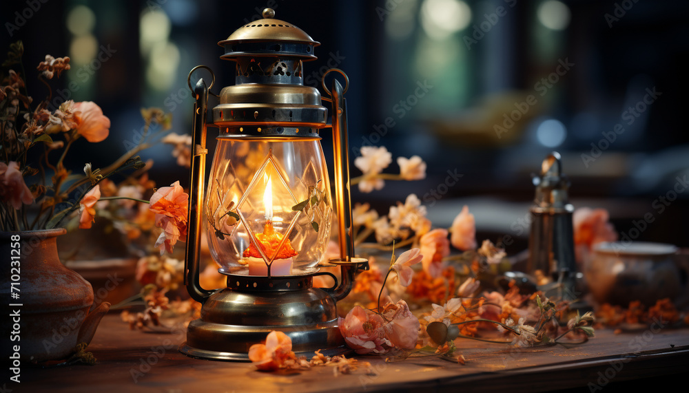 Rustic wood table adorned with antique lantern and glowing candle generated by AI Rustic wood table adorned with antique lantern and glowing candle generated by AI