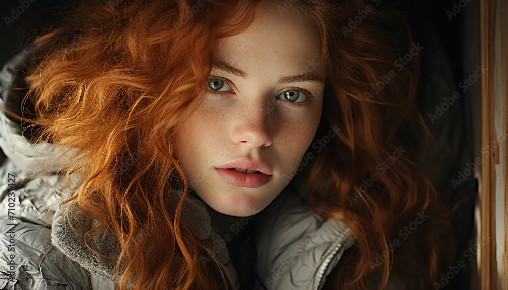 One young adult woman with long brown hair looking outdoors generated by AI One young adult woman with long brown hair looking outdoors generated by AI