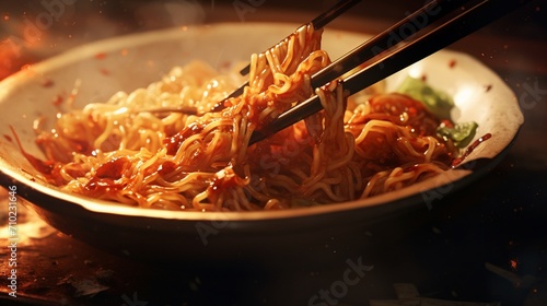 Close-up of chopsticks picking up a mouthful of Mapo noodles, capturing the moment of indulgence. photo