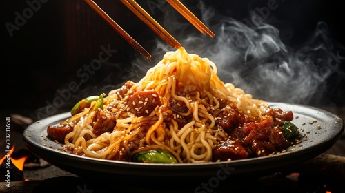 Close-up of chopsticks picking up a mouthful of Mapo noodles, capturing the moment of indulgence.