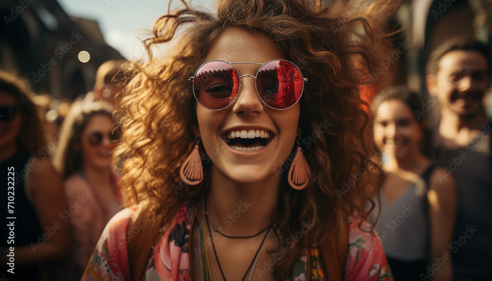 Smiling women in sunglasses enjoy cheerful summer outdoors with friends generated by AI Smiling women in sunglasses enjoy cheerful summer outdoors with friends generated by AI
