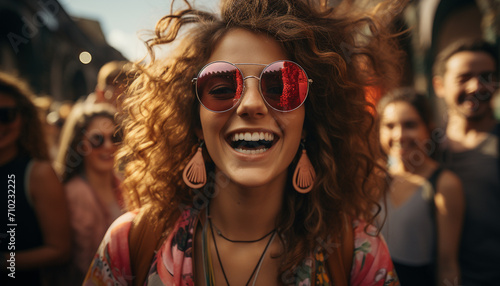 Smiling women in sunglasses enjoy cheerful summer outdoors with friends generated by AI