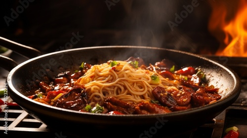 Close-up of sizzling Mapo noodles in a wok, with aromatic spices floating in the air.