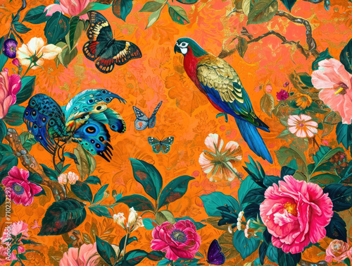 Poetic Classic and Hand Painted Retro Vintage Style Fine Art canvas for wallpaper and background with Colorful Peacocks, birds, Flowers and plants, Nature-inspired and floral botanical, ornamental © AIPERA