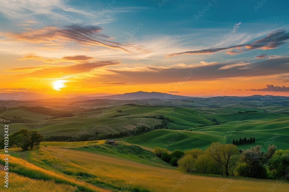A panoramic landscape of rolling hills Picturesque countryside And a vibrant sunset