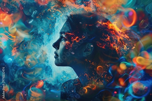 A person in deep thought With a contemplative expression Surrounded by abstract imagery symbolizing emotions photo