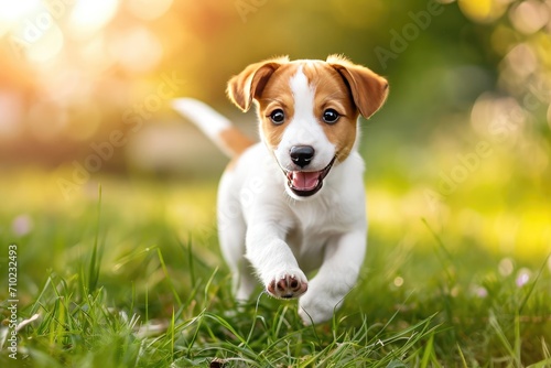 A playful puppy running through a meadow Sunlight filtering through trees