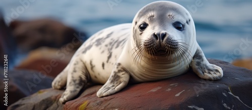 Seal pup happily lounging on rocky beach in close-up.
