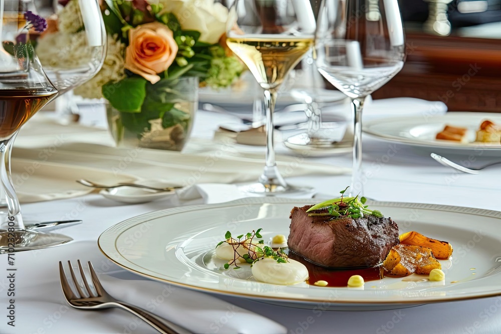 A gourmet meal presentation with artistically arranged dishes Fine dining setting And elegant tableware