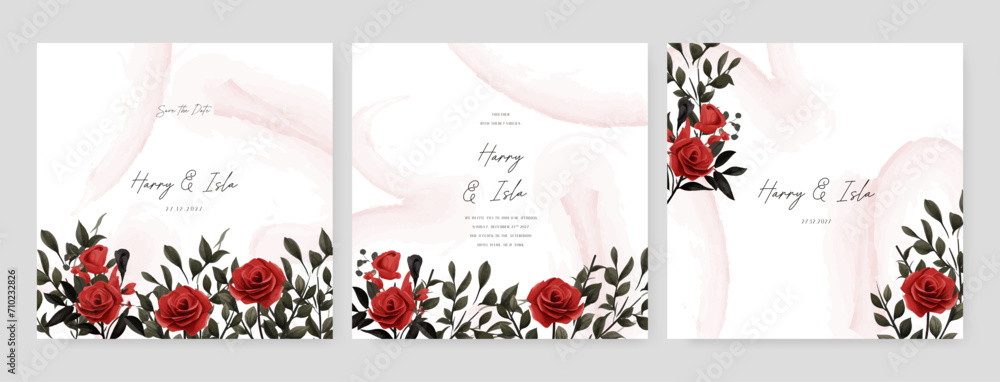 Red rose wedding invitation card template with flower and floral watercolor texture vector. Wedding floral watercolor background with square post template and social media Red rose wedding invitation card template with flower and floral watercolor texture vector. Wedding floral watercolor background with square post template and social media