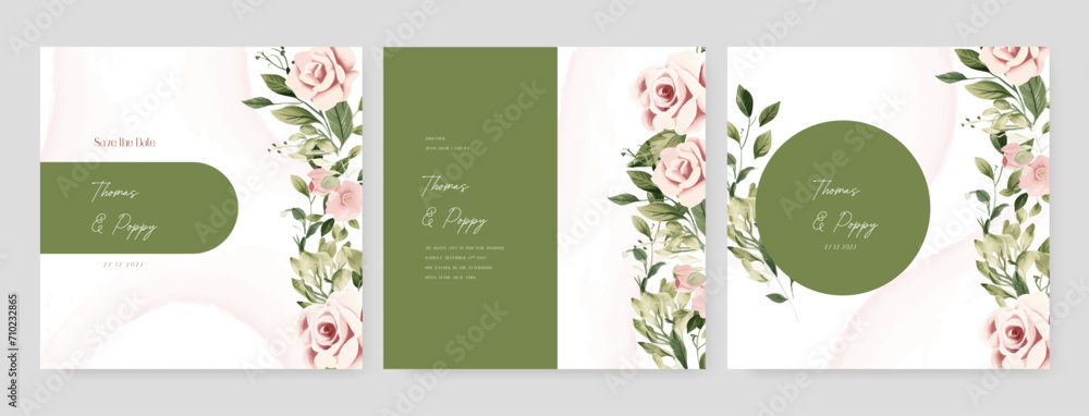 Pink rose beautiful wedding invitation card template set with flowers and floral. Wedding floral watercolor background with square post template and social media