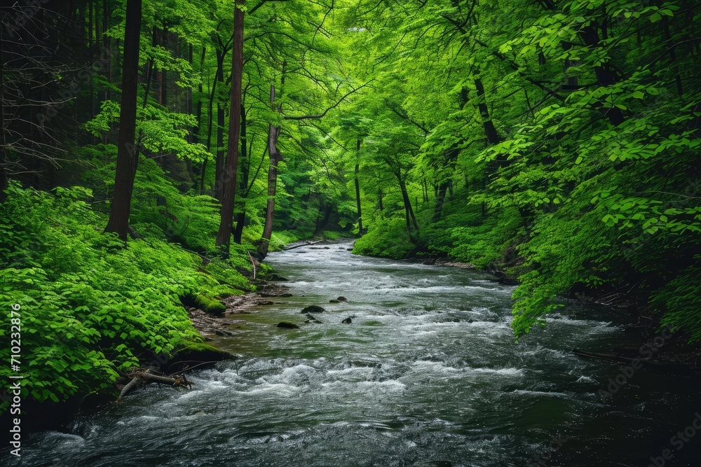 A lush green forest with a flowing river