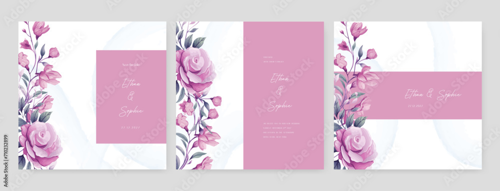 Purple violet rose set of wedding invitation template with shapes and flower floral border. Wedding floral watercolor background with square post template and social media