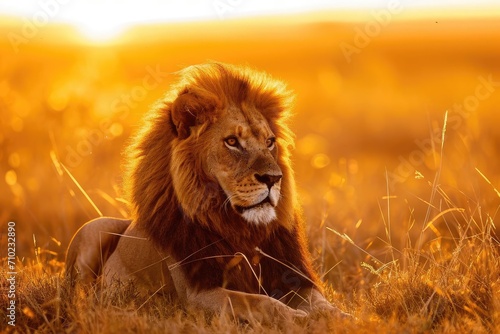 A majestic lion lounging in the savannah at sunset © Jelena