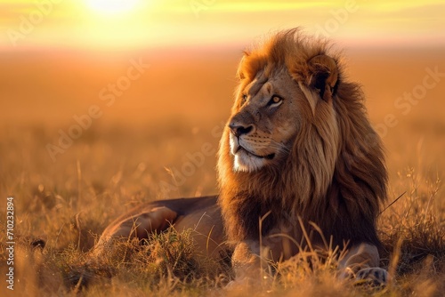 A majestic lion lounging in the savannah at sunset