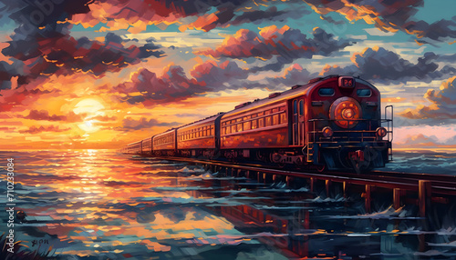 a train traveling across the ocean with a sunset in the background