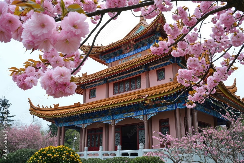 A traditional chinese temple with intricate designs Surrounded by cherry blossoms A traditional chinese temple with intricate designs Surrounded by cherry blossoms
