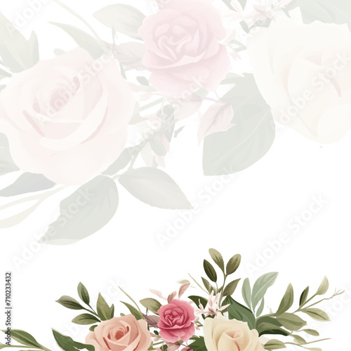 Beige white and pink watercolor hand painted background template for Invitation with flora and flower. Flower watercolor square background for social media post feed template