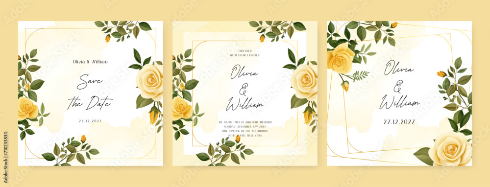 Yellow rose wedding invitation card template with flower and floral watercolor texture vector. Wedding floral watercolor background with square post template and social media