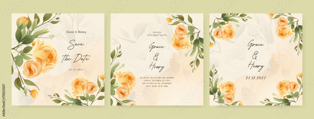 Yellow rose floral wedding invitation card template set with flowers frame decoration. Wedding floral watercolor background with square post template and social media Yellow rose floral wedding invitation card template set with flowers frame decoration. Wedding floral watercolor background with square post template and social media