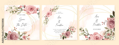 Pink rose luxury wedding invitation with golden line art flower and botanical leaves  shapes  watercolor. Wedding floral watercolor background with square post template and social media