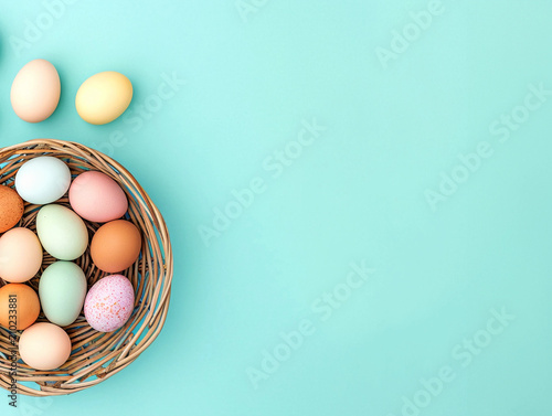 colored easter eggs in a basket on a light colored table top down view generated by ai photo