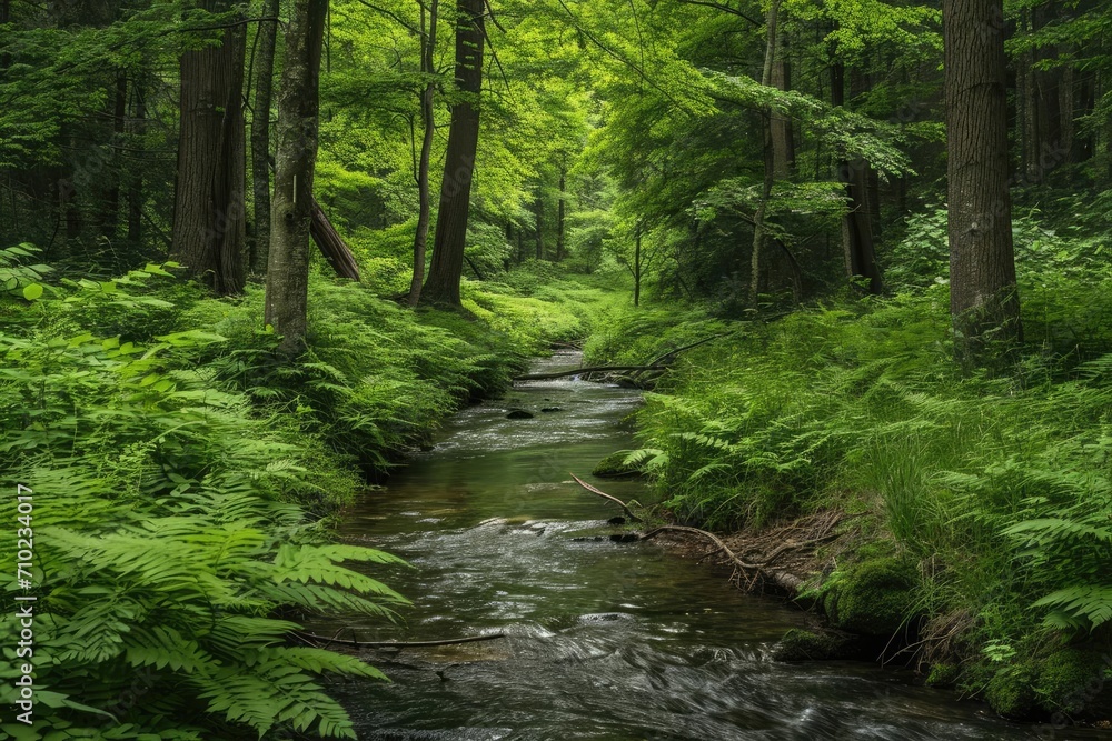Lush green forest with a serene stream Lush green forest with a serene stream