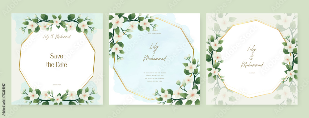 White magnolia floral wedding invitation card template set with flowers frame decoration. Wedding floral watercolor background with square post template and social media