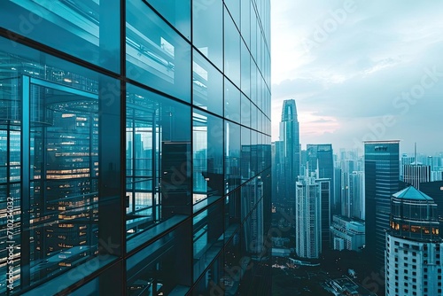 Modern skyscraper with reflective glass facade City skyline in background