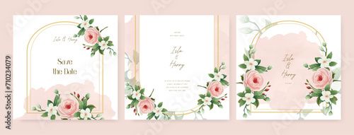 Pink and white rose and magnolia elegant wedding invitation card template with watercolor floral and leaves. Wedding floral watercolor background with square post template and social media