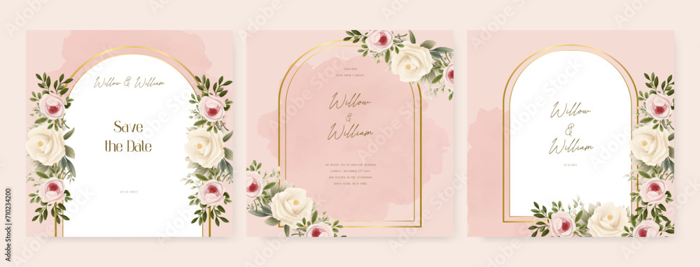 White and pink rose artistic wedding invitation card template set with flower decorations. Wedding floral watercolor background with square post template and social media