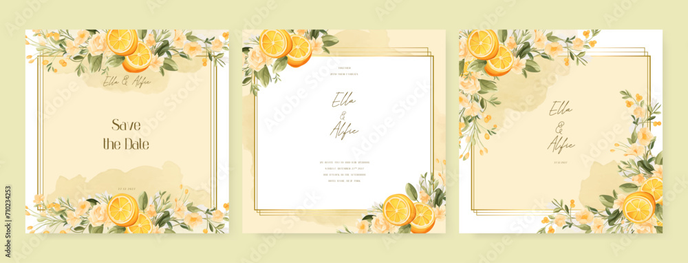 Yellow lemon luxury wedding invitation with golden line art flower and botanical leaves, shapes, watercolor. Wedding floral watercolor background with square post template and social media Yellow lemon luxury wedding invitation with golden line art flower and botanical leaves, shapes, watercolor. Wedding floral watercolor background with square post template and social media