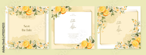 Yellow lemon luxury wedding invitation with golden line art flower and botanical leaves, shapes, watercolor. Wedding floral watercolor background with square post template and social media